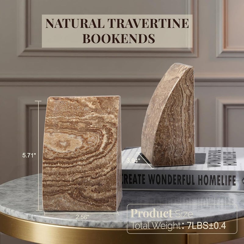 Koville Travertine Bookends for Shelves, Large Stone Bookends for Heavy Books, Non-Slip Heavy Duty Book Stopper for CD/Movies, Aesthetic Decorative Book Ends for Bookshelf Table Home Decor(Brown) - Image 2